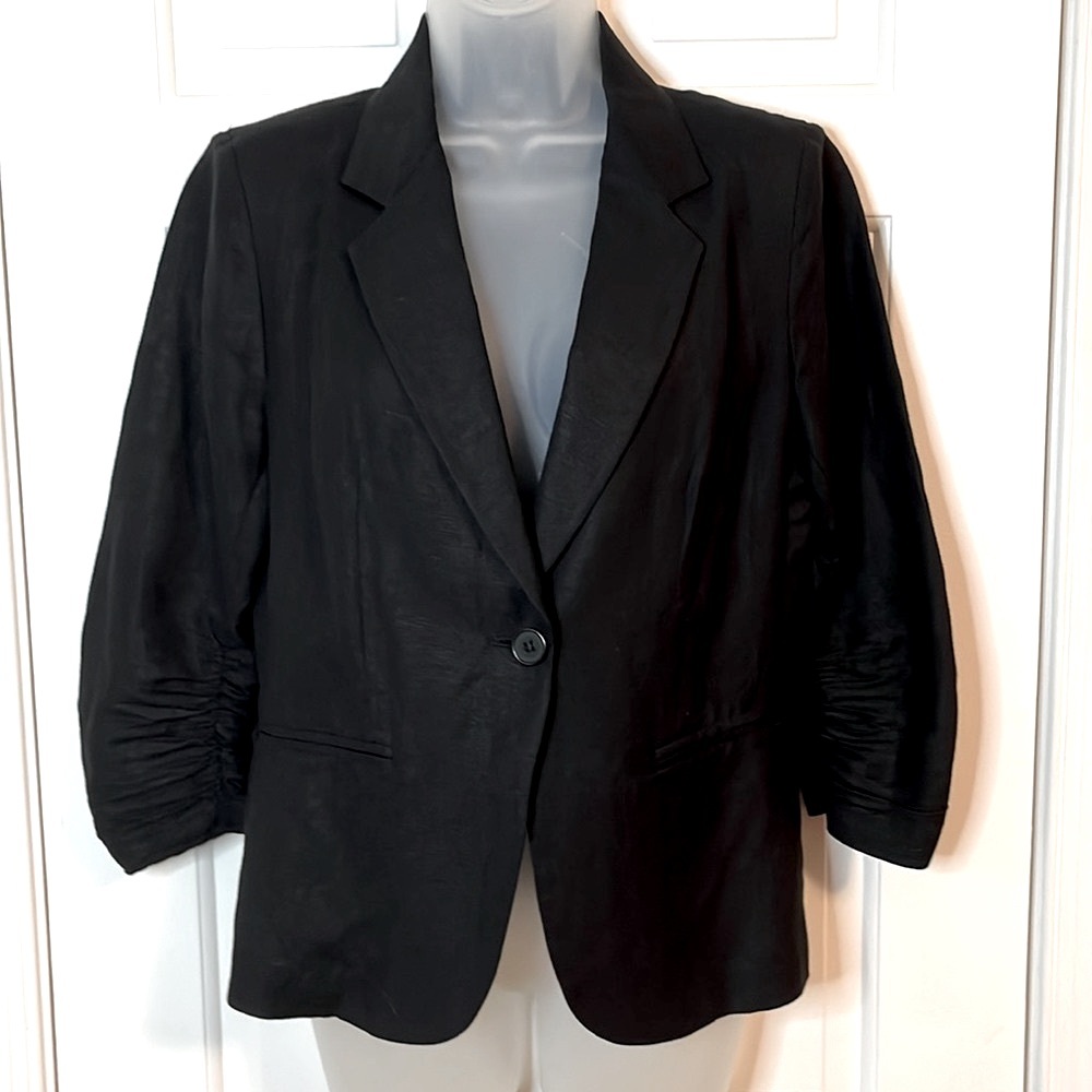 🌷Olivia Moon Linen One Button 3/4 Ruched Sleeved Blazer Black - Picture 4 of 13